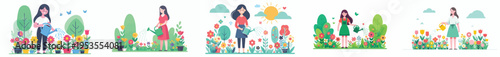 vector of a happy woman standing watering flowers in the garden