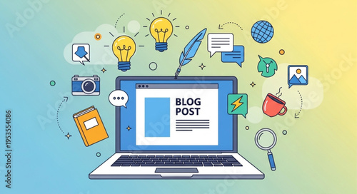 Blog Post Creation - Laptop Surrounded by Creative Icons and Ideas.