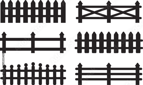 Wooden fence collection flat vector illustration, various picket barrier styles icons set, garden boundary outdoor design, rural property enclosure elements