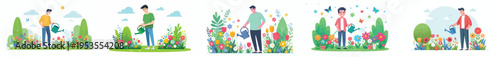 vector of a happy man standing watering flowers in the garden