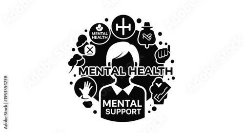 Vector graphic illustrating key aspects of mental health awareness, support, and overall well-being.