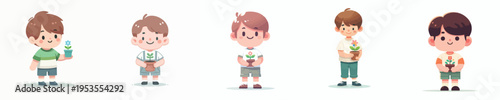 vector of a little boy standing holding a small flower pot