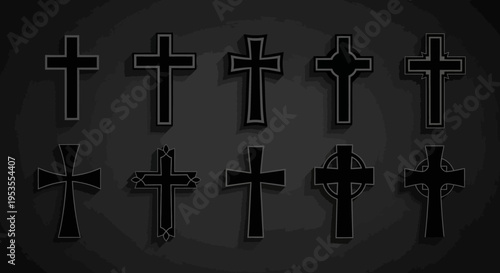 Collection of various black Christian crosses with subtle outlines.