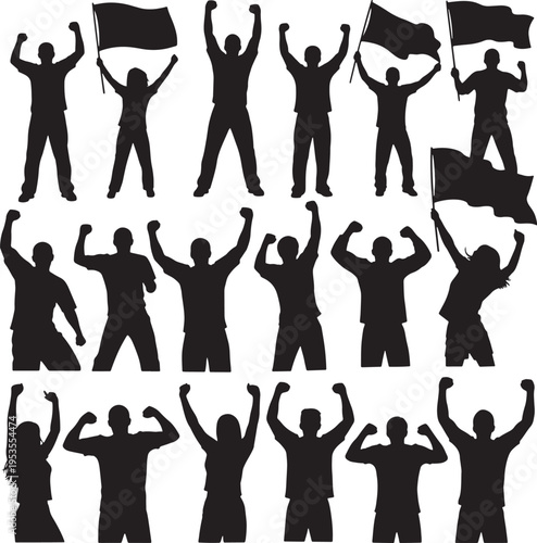 Silhouettes of people celebrating with raised arms and flags, a dynamic collection of human figures expressing joy and victory in a stylized graphic