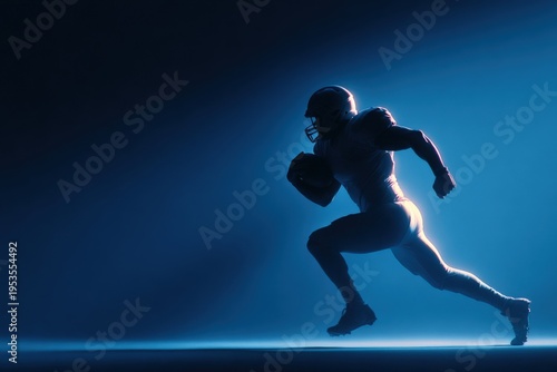 Silhouette of an American football player running with the ball in a dramatic lighting setup, showcasing athletic form and dynamic motion against a blue background
