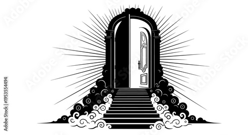 Heavenly Gate with Stairs and Clouds Leading to an Open Door.