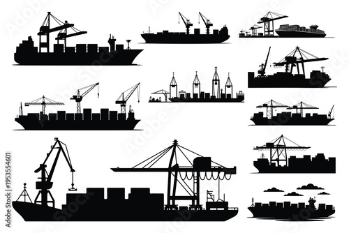 Black silhouettes of cargo ships and cranes white background