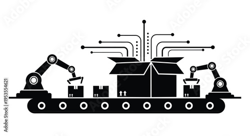 Robotic arms automate packaging process on a conveyor belt connected to digital input streams