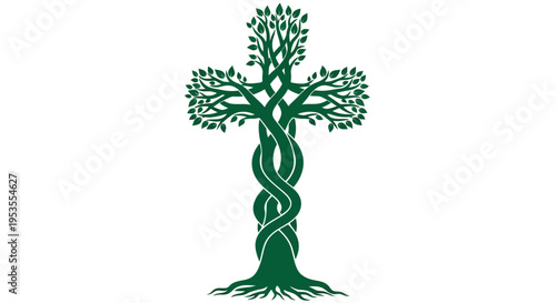 Green tree cross symbol with intertwined branches and roots.