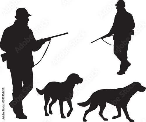 Silhouette hunters with dogs, set of hunting scenes, vector graphic elements for outdoor lifestyle and sporting pursuits