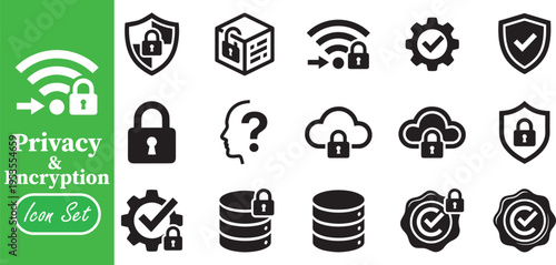 Privacy and Encryption Icon Set: Secure Wi-Fi, Cloud Data Protection, Database Security and Verified Shield Glyph Symbols