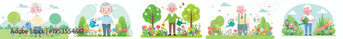 vector of a happy grandpa standing watering flowers in the garden