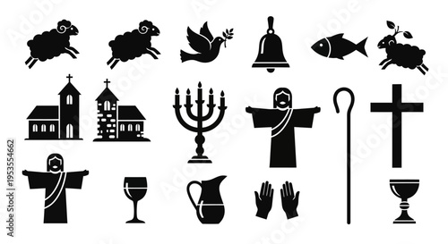 Collection of Christian and religious symbols in black silhouette.