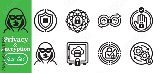 Privacy and Encryption Icon Set: Cyber Security Hacker, Secure Cloud Vault, Data Encryption Process and Network Protection Linear Symbols