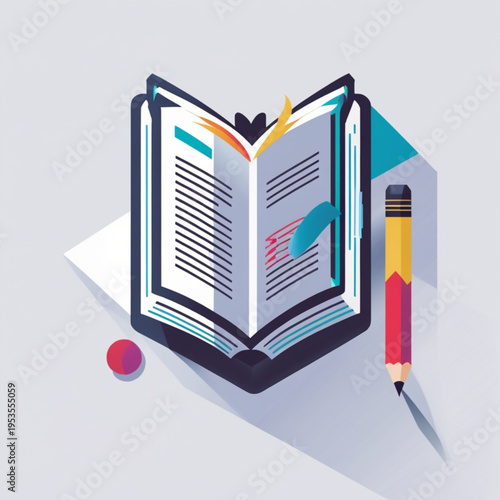 A colorful vector illustration of an open book with a pencil and eraser