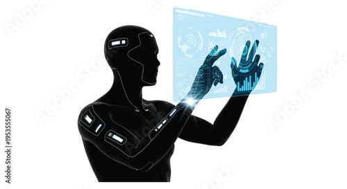 Cybernetic human silhouette vector graphic interacting with a futuristic virtual data interface showcasing advanced digital technology.