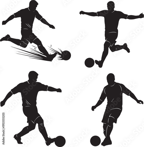 Dynamic vector silhouettes showcasing energetic soccer players in various action poses, capturing the intensity and skill of the sport for athletic-themed designs and sports graphics
