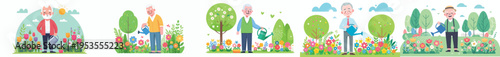 vector of a happy grandpa standing watering flowers in the garden