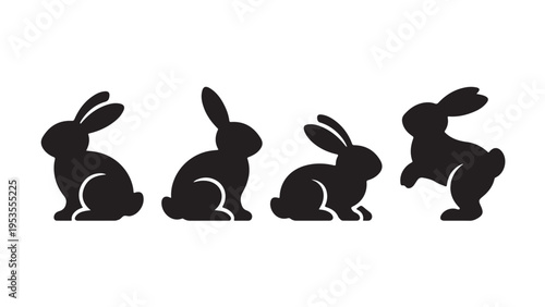 Set of five black rabbit silhouette in different poses