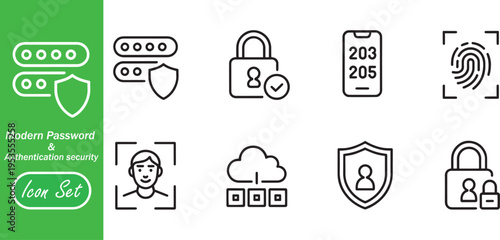 Privacy and Digital Security Icon Set: Two-Step Verification, Biometric Authentication, Face ID, Fingerprint and Cloud Data Protection Linear Icons