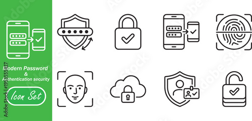 Cyber Security and Mobile Authentication Icon Set: Password Shield, Multi-Device Sync, Biometric Face ID and Data Privacy Linear Vector Symbols