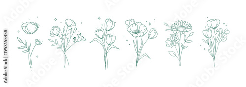 Minimalist floral line art set, bouquets with wildflowers, for branding packaging, wedding invitations, cards, logos, social media templates, beauty and fashion design projects. Vector illustration