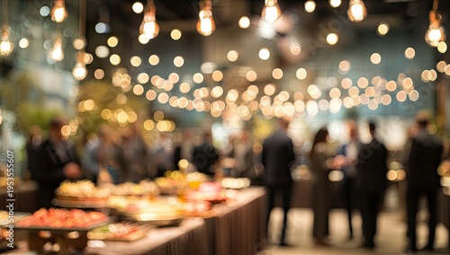 Blurred Image of a Lively Buffet Dinner Party with Warm Lighting.