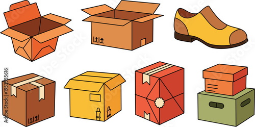  Set of cardboard boxes, parcels and storage containers with shoe packaging elements in flat cartoon vector illustration style