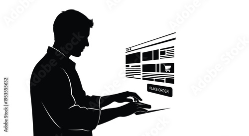 Silhouette of a person completing an online purchase transaction using a digital interface illustration
