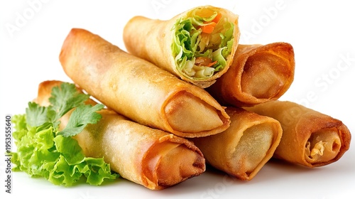 Crispy Fried Spring Rolls with Fresh Lettuce on White Background