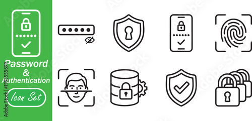 Security and User Authentication Icon Set: Password, Biometrics, Face Recognition, Fingerprint and Data Protection Linear Vector Symbols