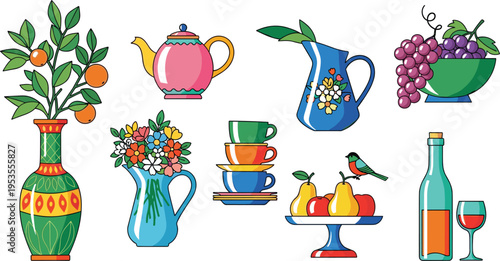  Set of decorative kitchen items including teapots, cups, vases, fruits, wine and flowers in colorful flat vector illustration style