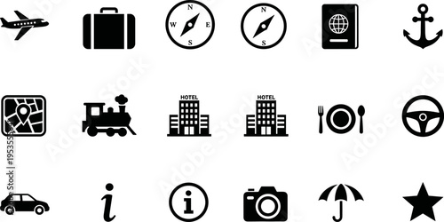 Travel and navigation icons flat vector illustration, transport tourism symbols set, airplane hotel map compass passport car camera elements collection