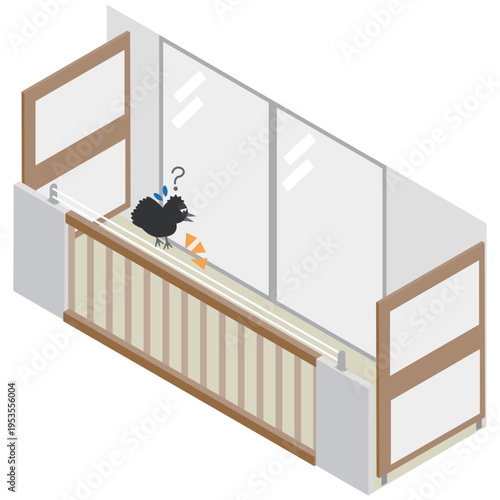 アイソメトリックなベランダの柵に鳥よけのワイヤーが設置されているイメージイラスト素材
