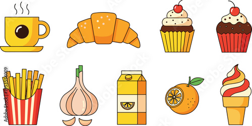  Set of fast food and snacks including coffee, croissant, cupcakes, fries, garlic, juice, orange and ice cream in cartoon vector style