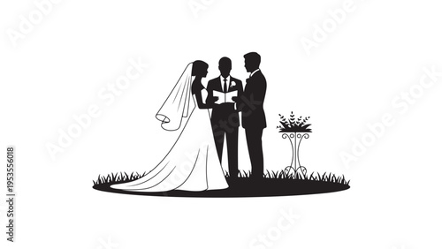 Silhouette of wedding couple exchanging vows with officiant