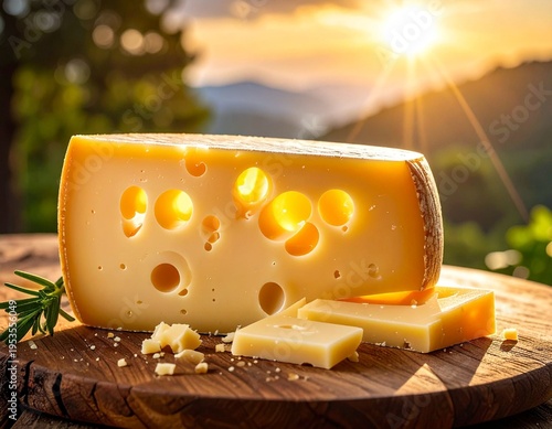 Alpine emmental cheese slices on rustic wooden board