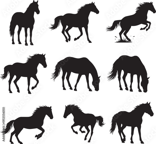 Collection of dynamic horse silhouettes, showcasing equestrian power, grace, and freedom in various movements. Ideal for graphic design and animal-themed projects
