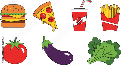  Set of fast food and vegetables including burger, pizza, fries, soda, tomato, eggplant and broccoli in flat cartoon vector style