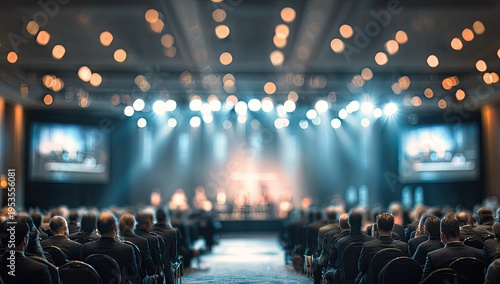 Audience in a large conference hall with stage lighting and screens.