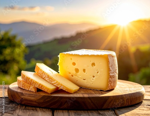 Alpine emmental cheese slices on rustic wooden board