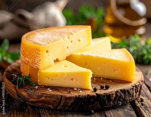 Alpine emmental cheese slices on rustic wooden board