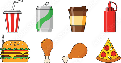  Set of fast food items including burger, fried chicken, pizza, soda, coffee cup and condiments in flat cartoon vector style