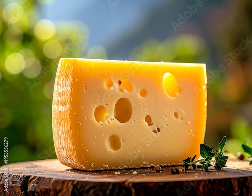 Alpine emmental cheese slices on rustic wooden board