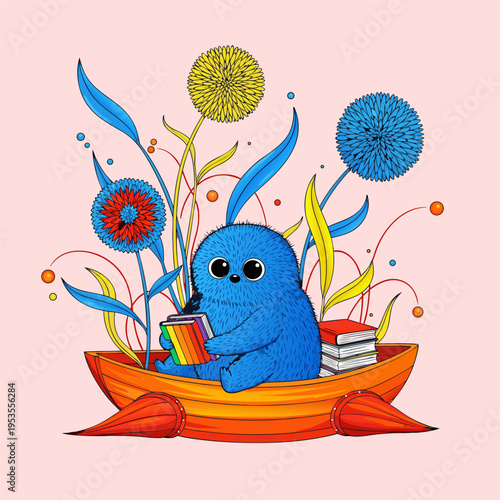 A whimsical blue monster reading books in a boat surrounded by vibrant plants, a delightful vector illustration for story time and imagination