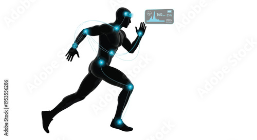 Silhouette of an athlete running connected to biometric data tracking through glowing digital sensors