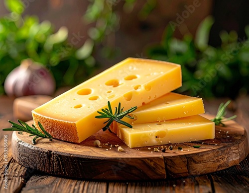 Alpine emmental cheese slices on rustic wooden board