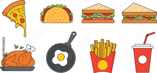  Set of fast food items including pizza, taco, sandwiches, fries, soda, fried chicken and egg pan in flat cartoon vector style