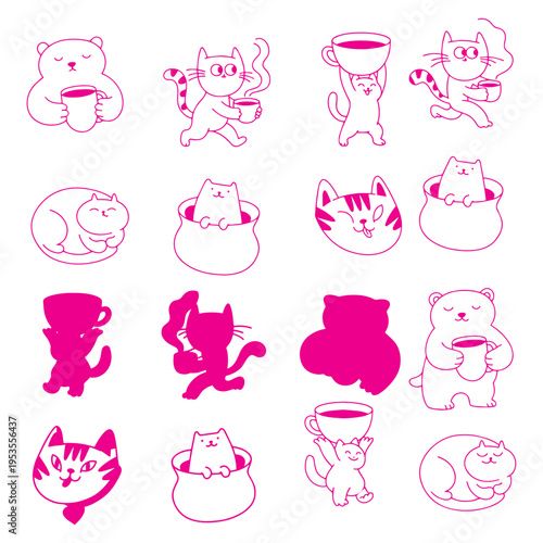 Cute cat holding tea and coffee cup in different poses doodle silhouette set