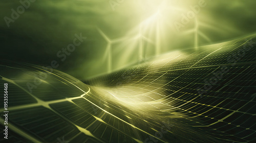 Renewable energy landscape with solar panels and wind turbines
